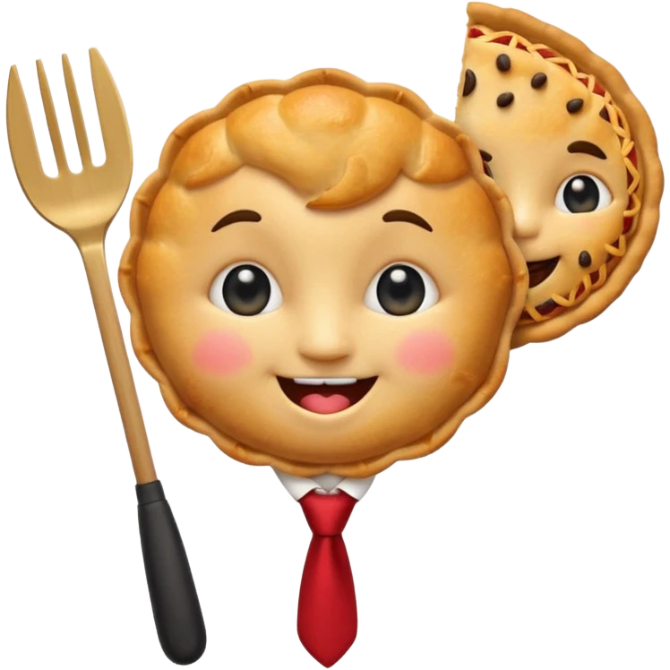 emoji style, happy fried empanada with face, big sparkling eyes, blushing cheeks, two buck teeth, red necktie, holding spatula, thick black outline, golden brown color, very cute and wholesome, transparent background emoji