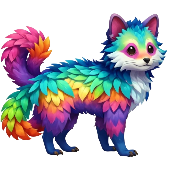 Colorful tropical exotic shiny beautiful fantasy-Trico-Cacomistle-oncilla-animal-Fakémon-hybrid-fursona (full body) emoji