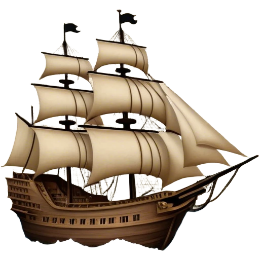Reading Fiction: a sailing ship made of book pages floating on waves, with swashbuckling musketeers on horseback and a detective silhouette resembling Sherlock Holmes in the background. The icon should capture the adventurous and romantic spirit of classic literature. Transparent background. emoji