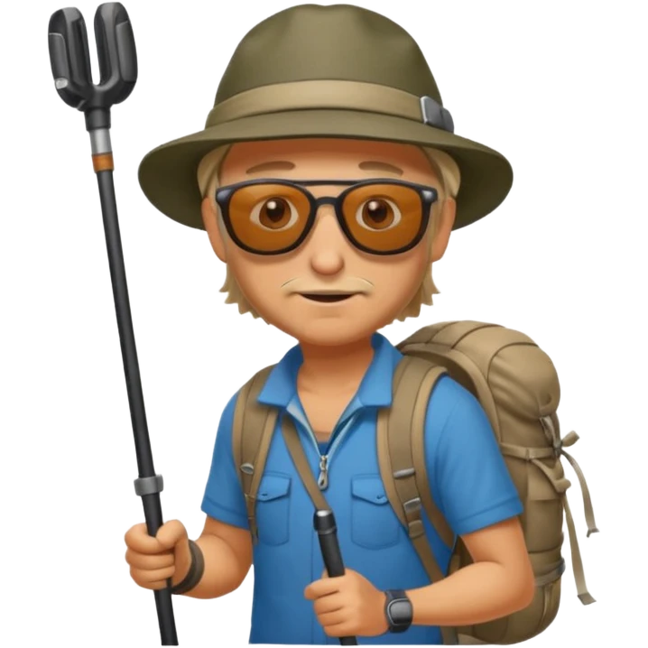 A rugged hiker adjusting hiking poles while preparing for a trek.


 emoji