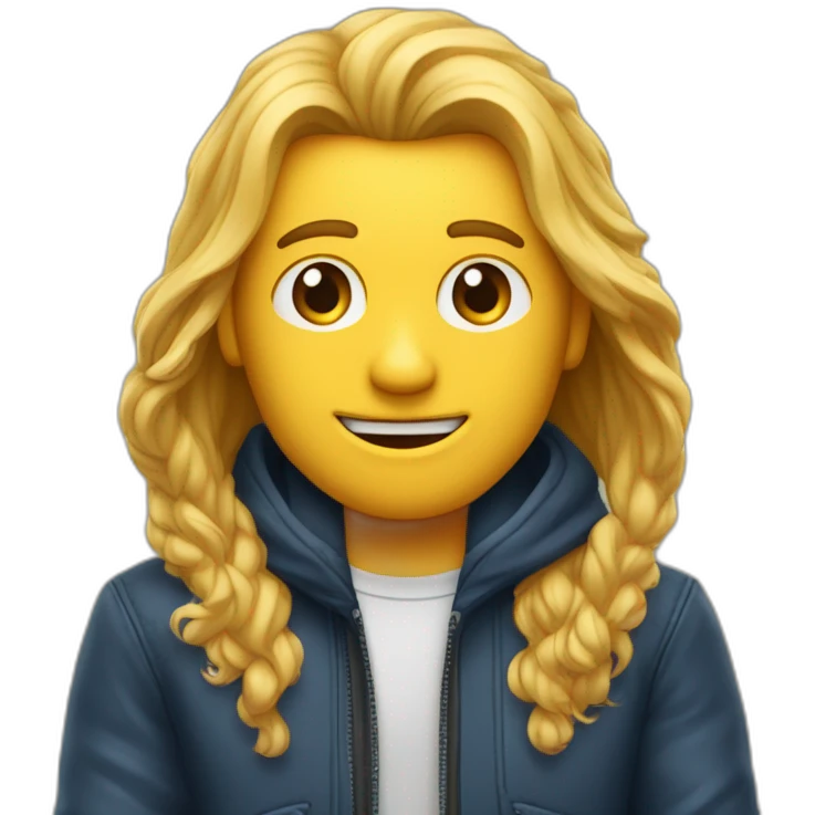 Een man met een rode jas aan met een graat gezicht en blont haar en een spijkerbroek aan emoji