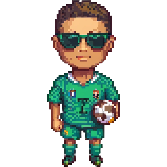 Create a pixel art style image of Ronaldo footballer wearing sunglasses with a football next to him. Focus on pixel art details and style. emoji