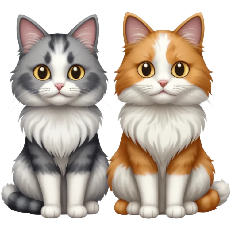 a realistic looking very fluffy grey and white cat sitting next to another cat emoji