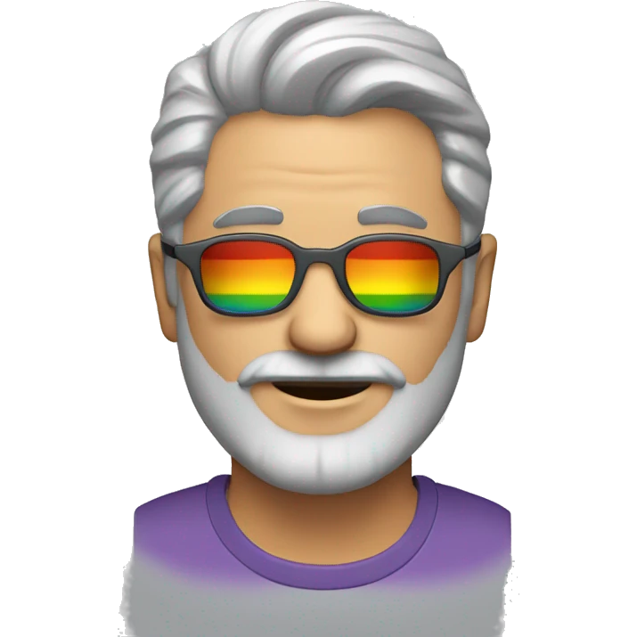 Gay British Man with grey hair and grey beard and with shades and earring with rainbow tshirt  emoji