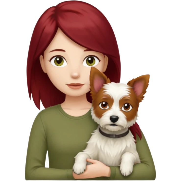 white terrier dog being held by woman with dark red long hair and hazel eye wearing olive green top emoji