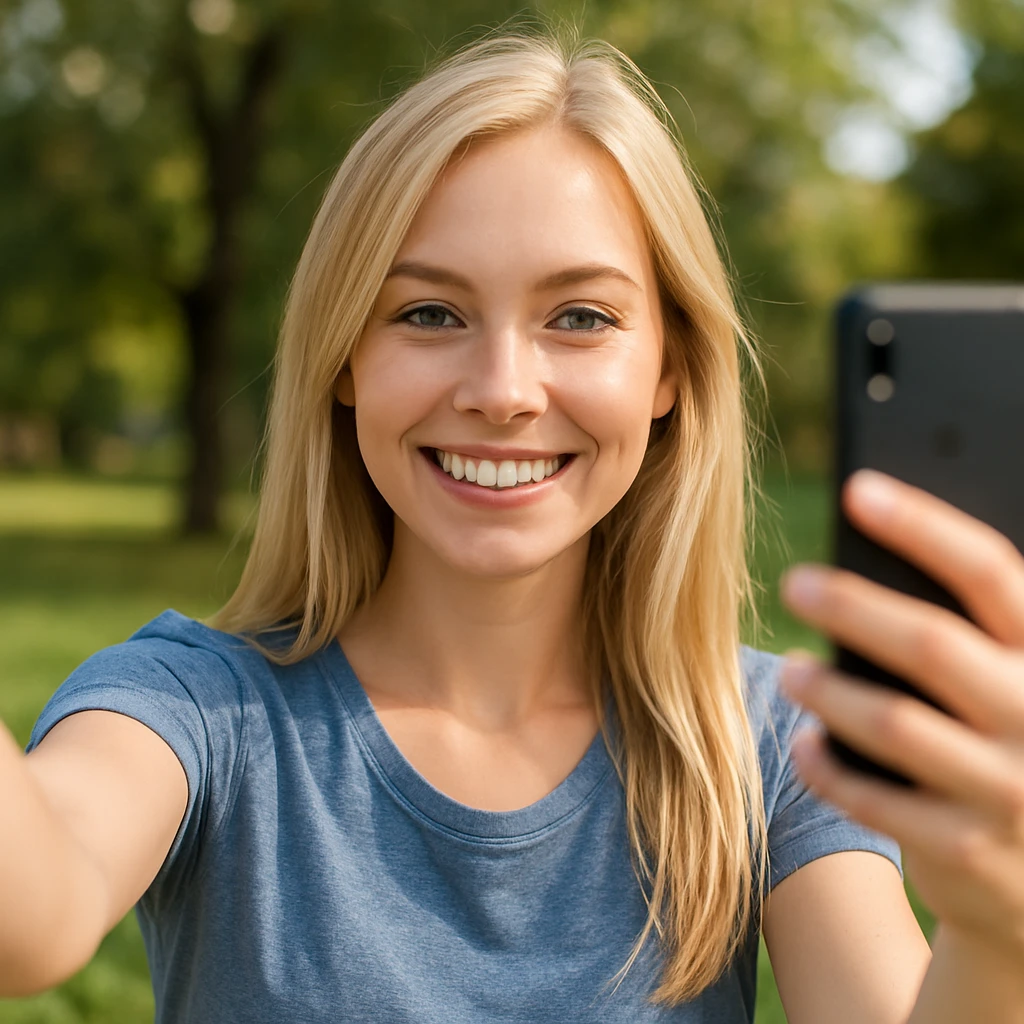 blonde girl taking a selfie emoji