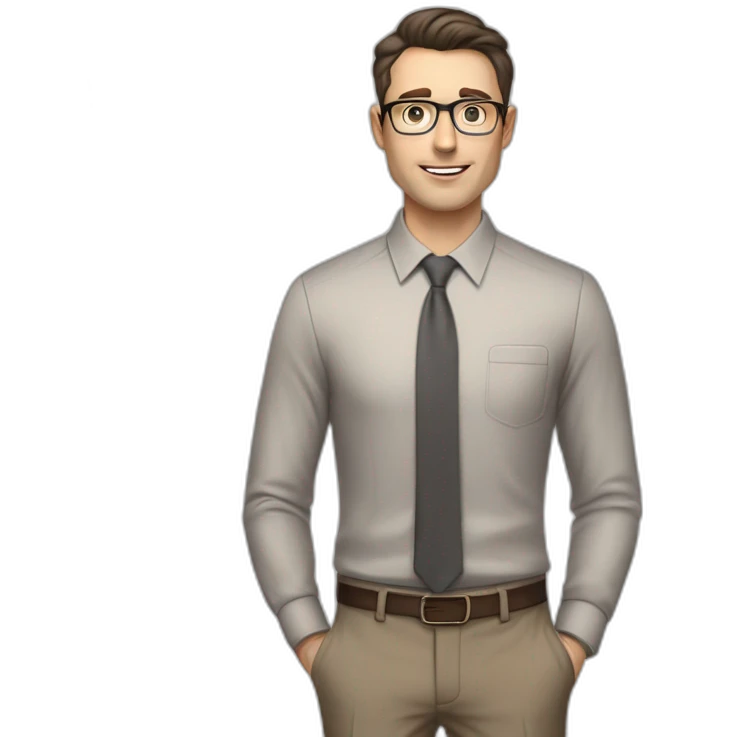 Pale skinned fit man with dark brown hair in gray jacket, beige office shirt, brown tie, brown pants and vintage glasses Writing text on the flipchart emoji