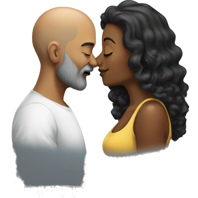 Bald and gray beard man kisses black long hair woman emoji
