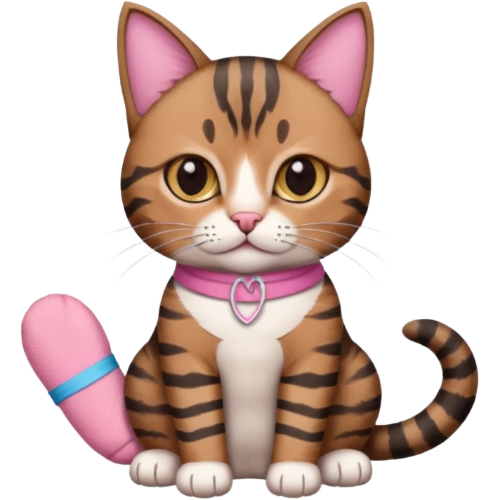 a  brown and black tabby cat, with a pink bandage on just one front paw paw, realistic emoji