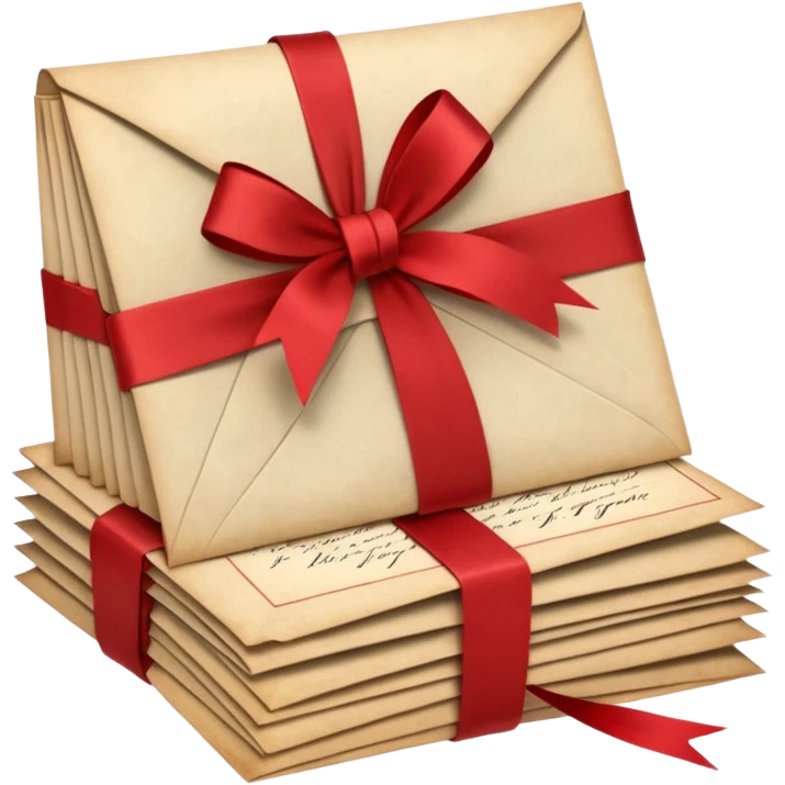 A beautifully arranged Stack of aged letters, tied with a red ribbon, envelopes, corespondence, aesthetic, red flower petals around, mails emoji