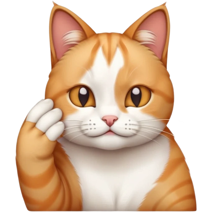 Cute emoji of a white and ginger cat facepalming. Cartoon style, one paw on forehead, exasperated expression. Transparent background. emoji
