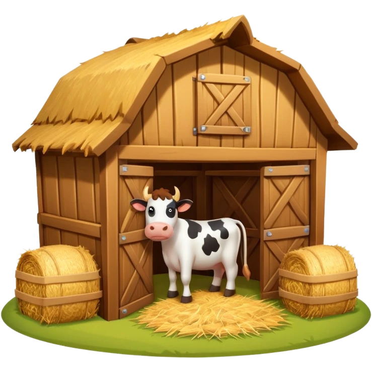 cow barn object icon, wooden stable building, hay bales near entrance, warm light, farm style, 3D cartoon, mobile game icon style, centered, clean background, no text, no watermark
 emoji