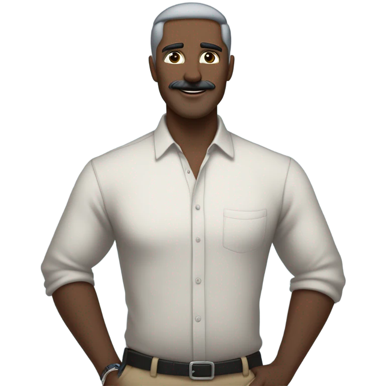 a white man standing  with blue eyes a thick dark brown and grey moustache, down turned black eyebrows and then dark grey hair he’s wearing an expensive watch and a white shirt and black dressy pants with beige loafers he’s looking at her smiling”  emoji