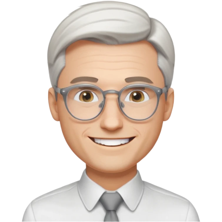 30 yr old pale white man, white/grey side swept stylish hair, round glasses, big smile, white teeth, handsome, longer hair, thin glasses, white dress shirt, smooth forehead, botox, no tie, open collar emoji