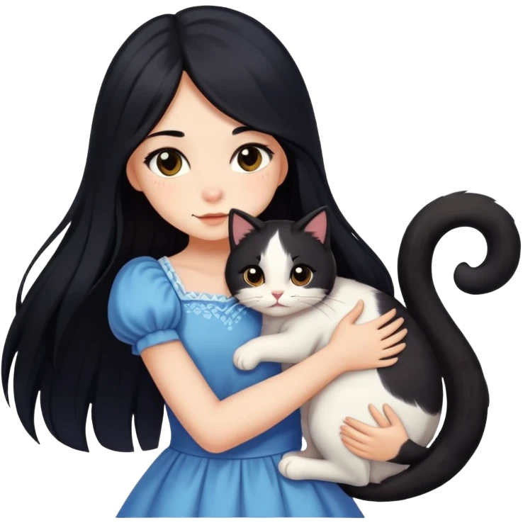 A beautiful girl with long black hair wearing a dress hugs a calico emoji
