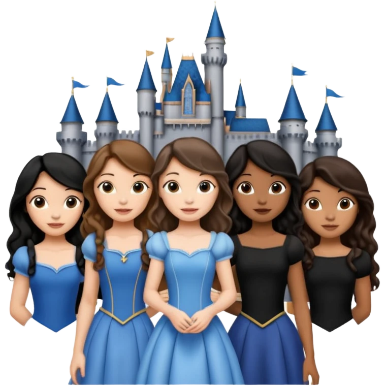 Quiero que crees una imagen donde este el castillo de Disney y por detrás o delante pon a quatro chicas: una con el pelo largo rizado marrón , otra con el pelo corto negro, otra con el pelo mediano liso marrón y otra con el pelo negro largo liso emoji
