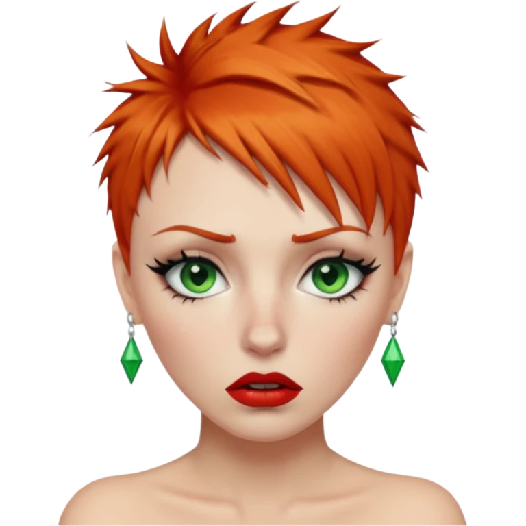 Short spikey Ginger hair, green eyes, black long eye lashes large red lips White woman lcrying emoji
