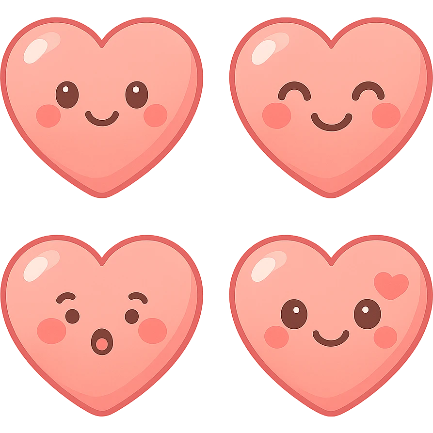 A series of illustrations heart in a kawaii emoji style, with detailed shading and highlights, thin clean outlines, soft and rounded features. Pastel color palette using  #FE655F, #F4A6A6,#FECDC9 The style is inspired by modern Japanese pop art and sticker aesthetics. Highly detailed, vector clarity, soft lighting and subtle shadows. Transparent background without background. emoji
