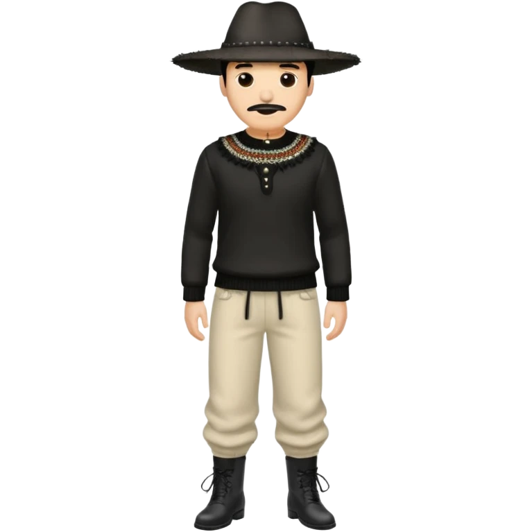 Crea a un hombre con pantalón acampanado zapatos negros un suéter como con fleco en los brazos y una clas de sombrero 👒 pero plano alrededor emoji