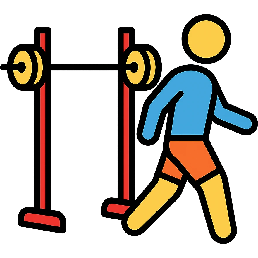 playful bold stylized icon of a person walking away from a squat rack, fitness context emoji