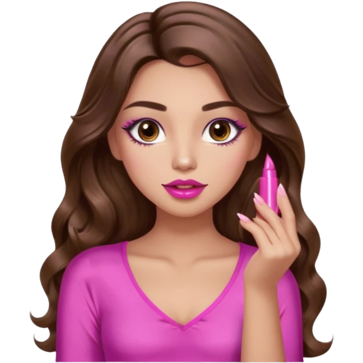 girl with long wavy brown hair, brown eyes, light to medium complexion, in a pink sexy top, pink lips, long lashes, puckered lips, showing my nails emoji