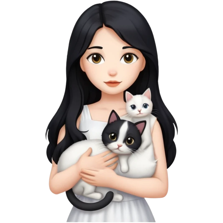 beautiful girl with long black hair wearing a white dress holding a cat in her arms emoji