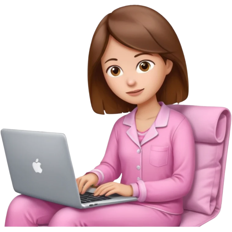 A brown hair, white skin woman at home with pink pajamas scrolling, with a laptop open to a work document looking laptop emoji