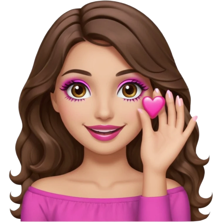 girl with long wavy brown hair, brown eyes, long lashes makeup, sexy pink lips, light to medium complexion, pink sexy top, smiling, hand covering eyes emoji