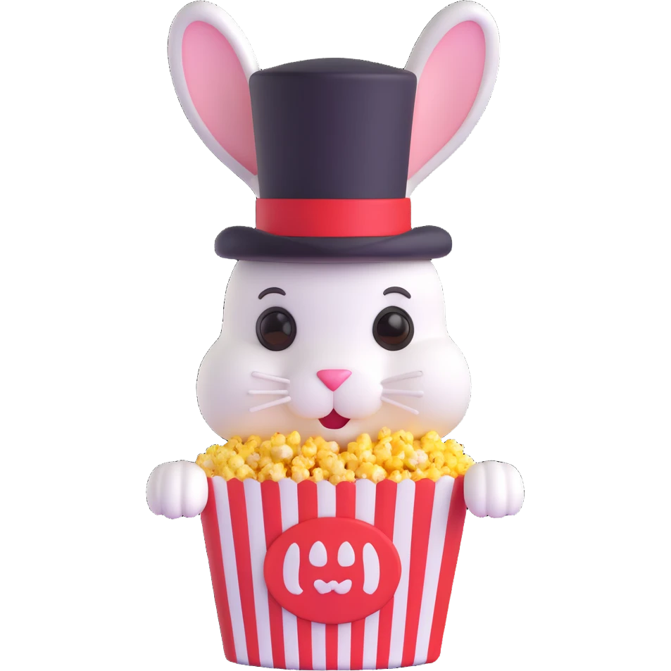 popcorn container with a bunny inside wearing a top hat emoji