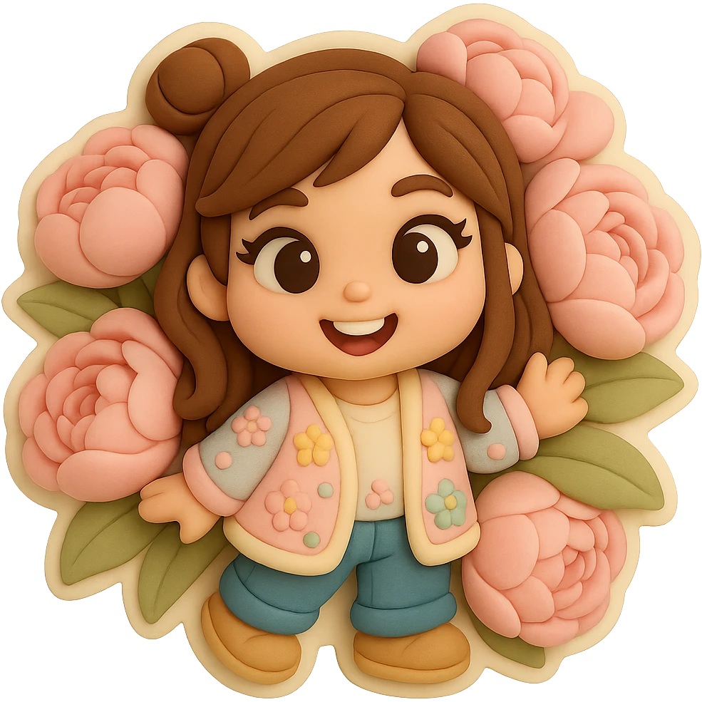 3D chibi fondant cake art style, high-quality rendering with smooth shadows and soft gradients. Girl based on reference image with preserved facial features and eye shape, long brown hair in two space buns, brown eyes, jeans, pastel floral cardigan, shoes, thick white outline like a sticker, transparent background. Only her happy head peeks out from a huge bouquet of soft pink peonies. Ensure the face, hairstyle, eye shape, and shoes match the reference exactly. emoji