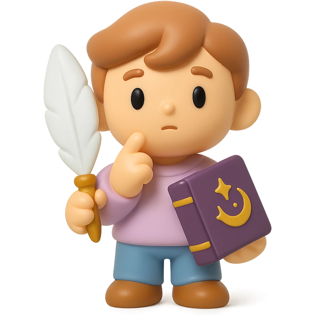 beginner author, holding a quill and a fantasy book, looking thoughtful, using a color palette of soft pastel colors with accents of gold and deep purple emoji