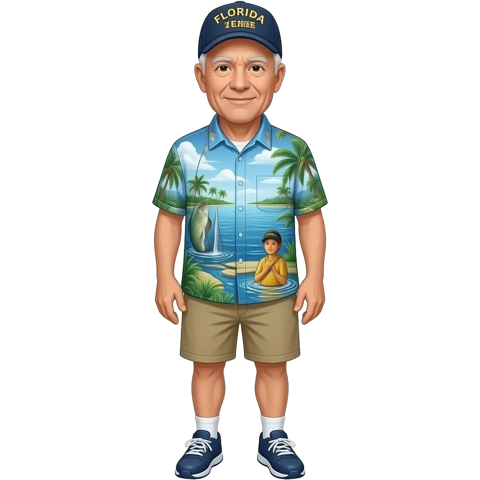 Old Florida veteran with cap fishing shirt and shorts wearing sanae emoji