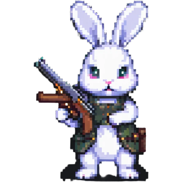 A pixel art rabbit shooting with a gun emoji
