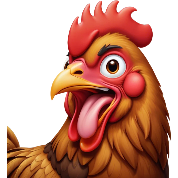 Cinematic Cute Yawning Brown Rooster Portrait Emoji, Head tilted slightly with a dramatic, wide-open yawn, showcasing a soft, downy brown plumage with a subtle red comb and drooping wings, round warm eyes barely open in drowsy contentment, Simplified yet irresistibly adorable features, highly detailed, glowing with a soft, cozy glow, high shine, relaxed yet expressive, stylized with a touch of whimsy, bright and endearing, soft glowing outline, capturing the essence of a sleepy yet affectionate rooster, so drowsy it feels like it could stretch out of the screen and curl up for a nap! emoji