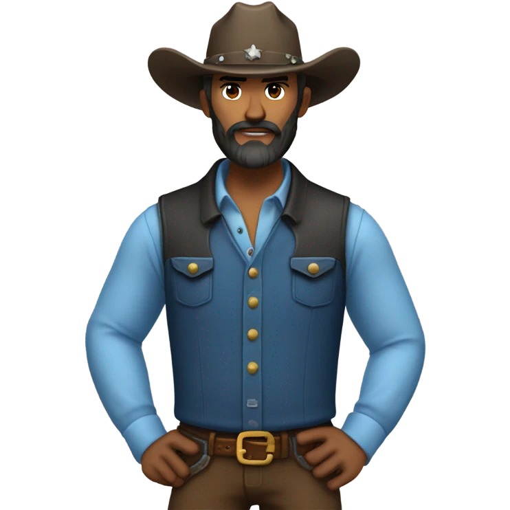 a rugged cowboy with a thick beard, wearing a blue vest over a classic western shirt. He should have a confident stance, showing full torso emoji