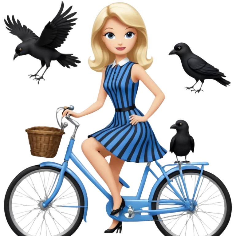 Smiling Blonde Silkstone Barbie enid sinclair from academy in blue and black vertically-striped classic dress riding bikes with crows emoji