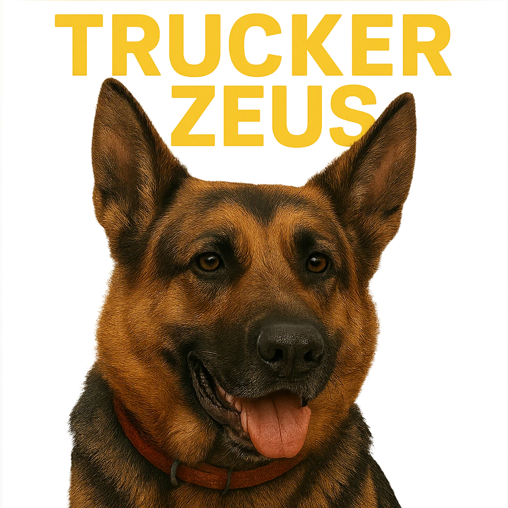 Change the words 'Trucker Zeus' to yellow, keep the realistic German Shepherd, and maintain a transparent background. The style is realistic with a focus on the German Shepherd and clear text in yellow. emoji