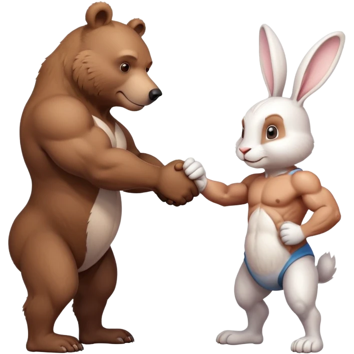 create one brown bear and one white rabbit with muscle body doing a handshake emoji