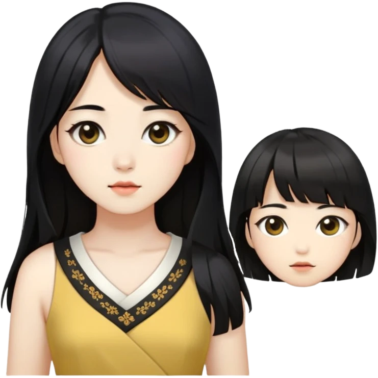 Dress in Korean style, Yellowish white skin, dark brown eyes, long black hair down to the navel, cut in layers, side-swept bangs.  emoji