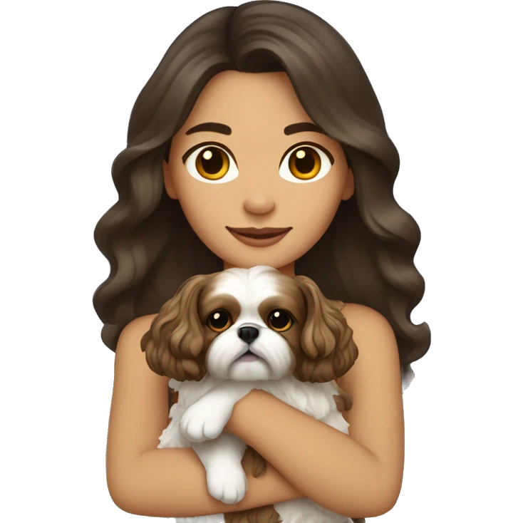 Young dark brunette medium kin hair woman with a golden shih tzu in her arms long wavy hair emoji