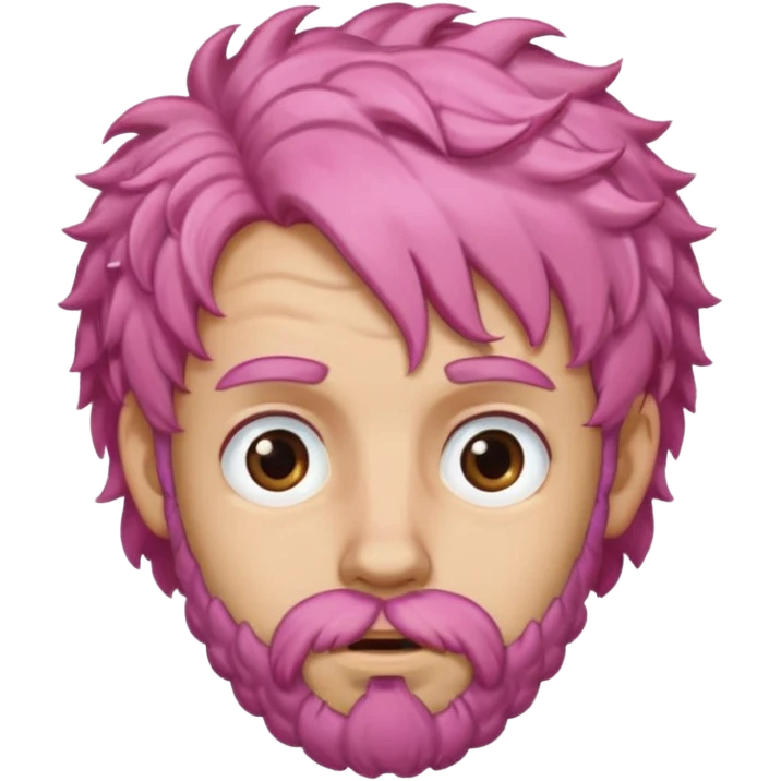 A light-skinned man with moderately curly pink hair, brown eyes, a brown beard, and a slightly uneasy expression. emoji
