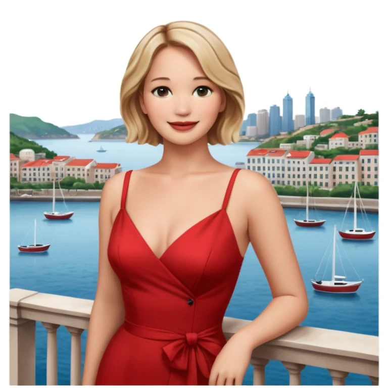 jennifer lawrence, red dress leaning on a balcony with a harbor and cityscape in the background, smiling, closeup emoji