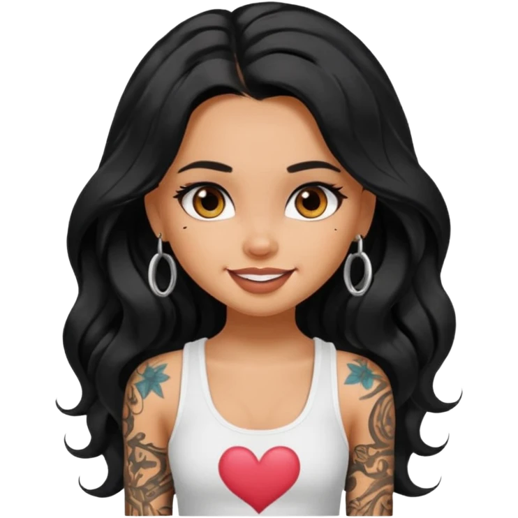 a pretty tan bratz girl with long wavy black hair, wearing a white tank top. with full tattoos emoji