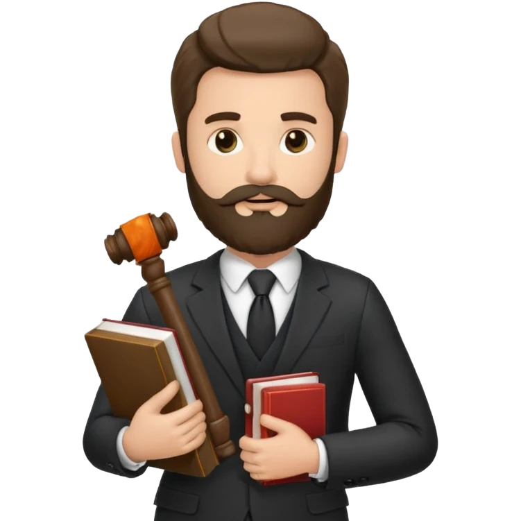 Create a male lawyer. he is wearing a fromal suit jckeret. He is holding a gavel in one hand and a book tucked under his another arm. He has beard. And the hair is kinda darker but not black emoji