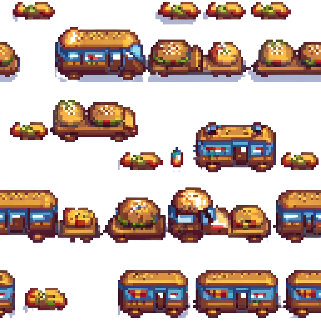 pixel art hamburger train, pixelated burger buns as train cars, retro video game style emoji