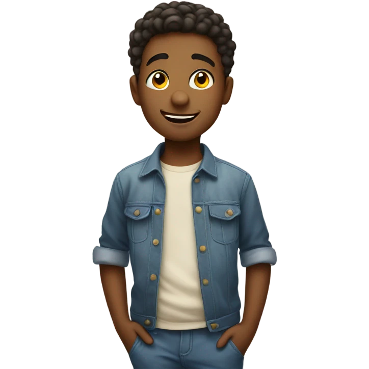Kid with a raised eyebrow smiling while shrugging with hands in pocket emoji