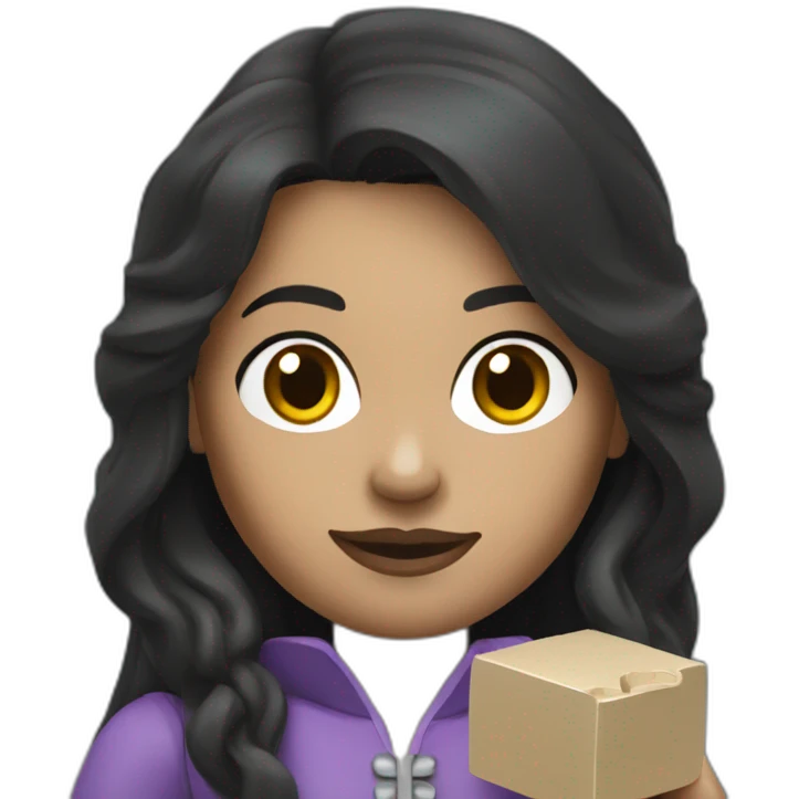 A woman dark hair, long hair, holding a Lego   emoji