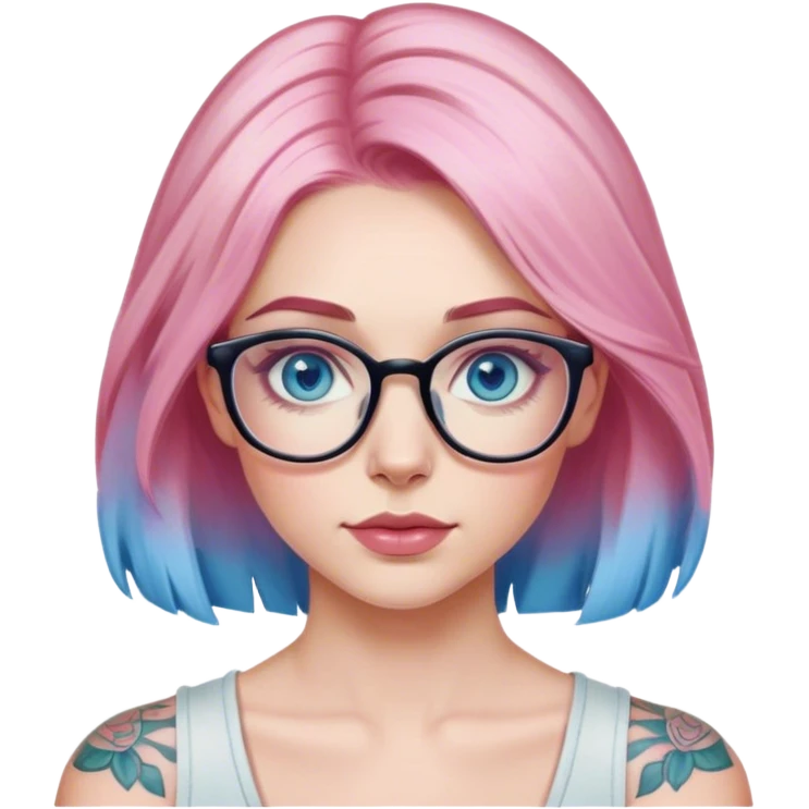 Hyper Realistic model, pale woman, pink balayage hair, blue eyes and glasses, shoulder tattoo  emoji