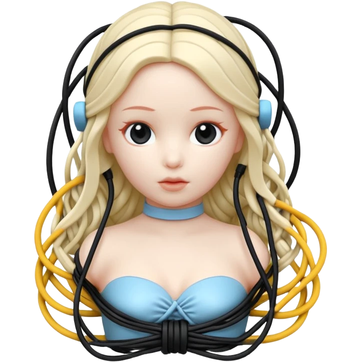 Plastic doll tightly bound with tangled AUX cables. emoji