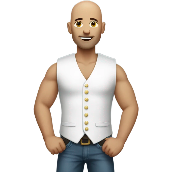 Bald man in white vest making X with arms emoji